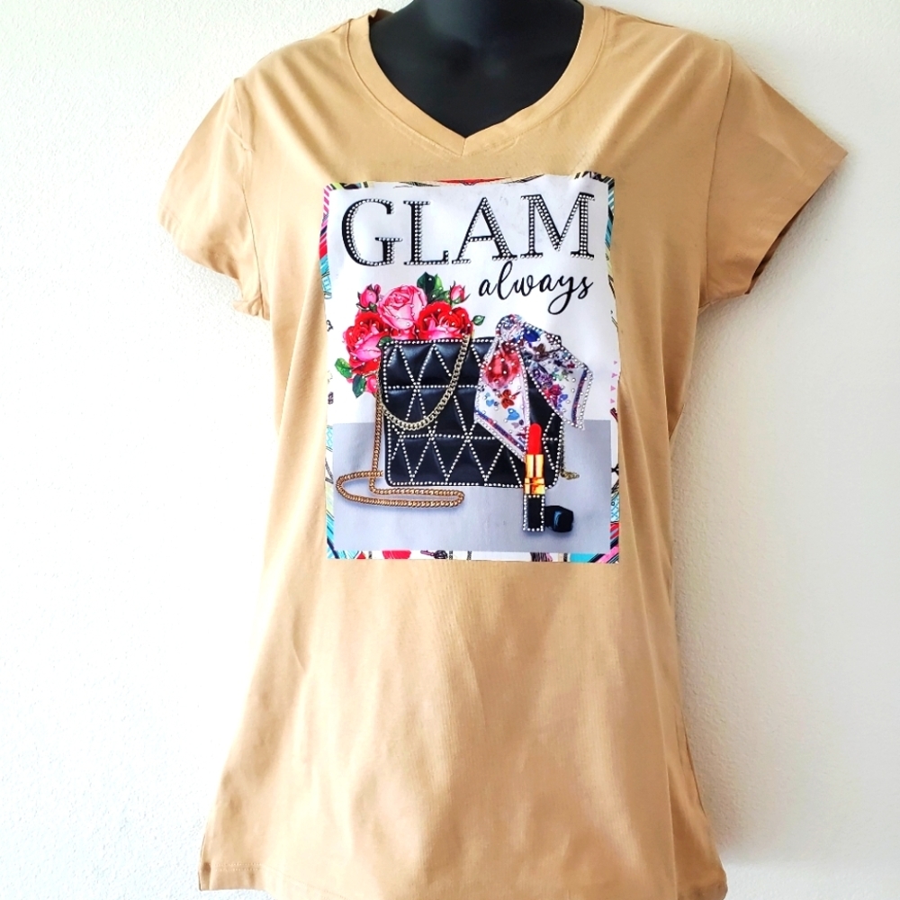 Women "Glam Always" Graphic Black V-Neck T-Shirt Size L